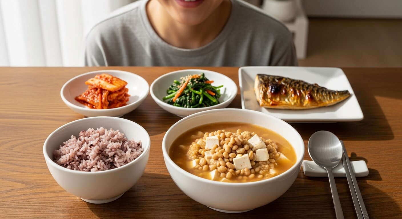 잡곡밥과 두부된장국, 생선구이, 나물 반찬으로 구성된 당뇨 합병증 예방을 위한 균형 잡힌 한식 식단