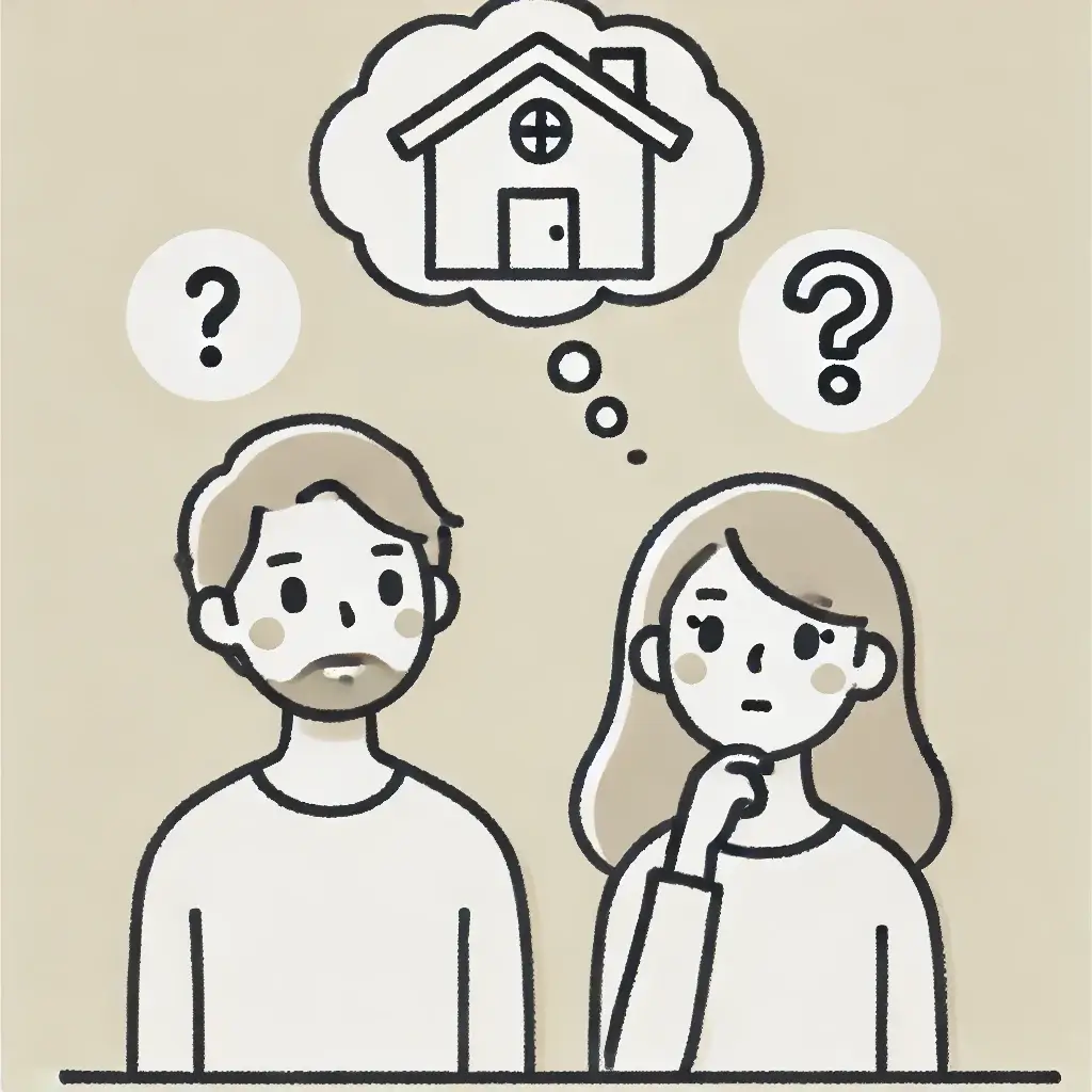 집에 대한 고민을 표현한 부부의 생각 풍선 일러스트.