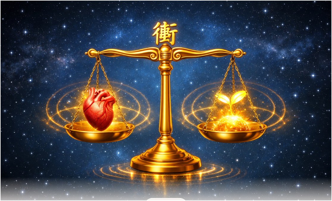 에고의 요동치는 욕심들을 완벽히 정화하고 마음의 평형을 저울대처럼 곧게 유지하여 대우주의 신령한 조화력을 실천해 나가는 자태