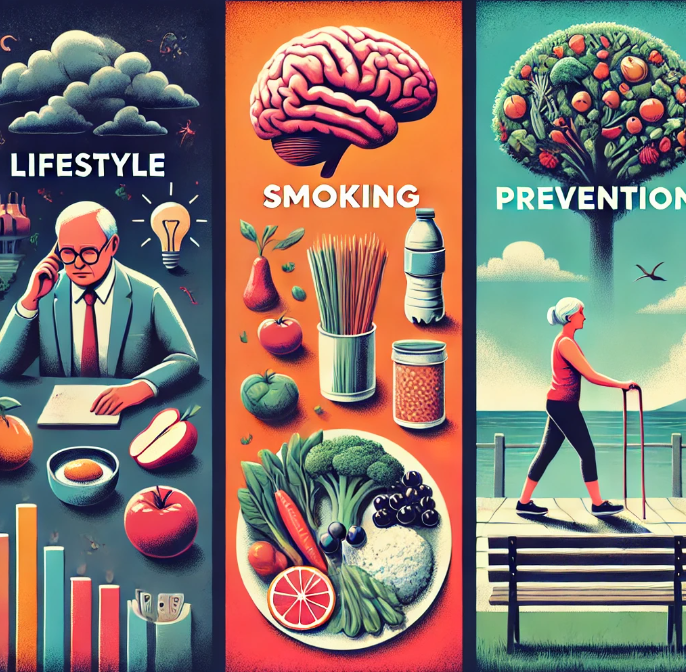 잘못된 생활습관 (왼쪽)-스트레스, 흡연, 사회적 고립 등 부정적인 생활습관이 치매 위험을 높이는 모습, 예방법 - 영양 (가운데)-채소, 통곡물, 생선 등 뇌 건강에 좋은 식품이 담긴 건강한 식단, 예방법 - 운동 (오른쪽)-노인이 야외에서 걷기나 태극권 등의 가벼운 운동을 하는 모습