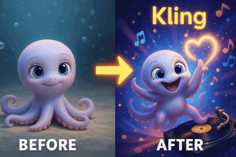 [Before → After] 콘셉트의 이미지. 이 이미지는 픽사풍 아기 문어가 Kling AI를 통해 정적인 이미지에서 역동적이고 감성적인 영상 캐릭터로 변화되는 모습을 시각적으로 전달하며, 블로그의 ‘AI 애니메이션 생성 툴’ 주제와 관련된 내용을 설명함 (Kling AI, Pixar-style animation, video generation)
