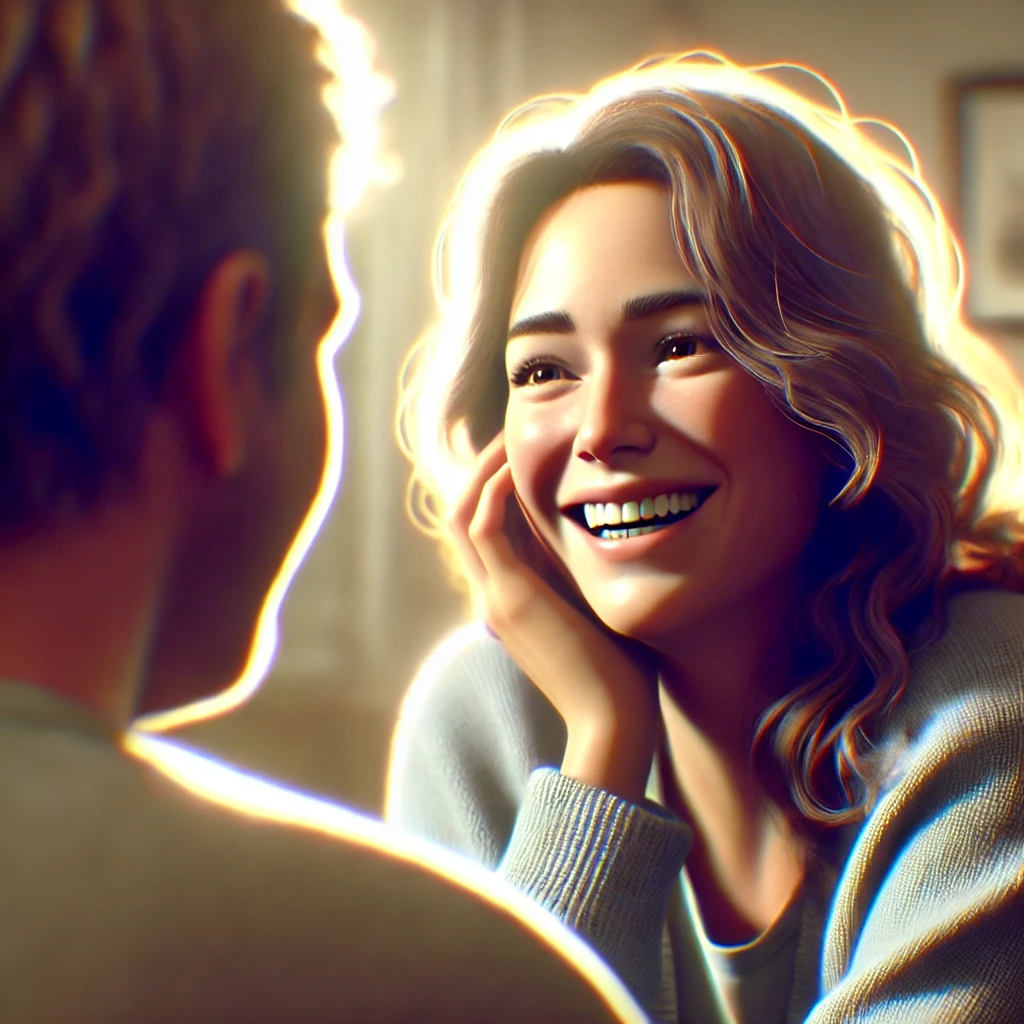 대화 중 상대방의 이름을 부르며 미소 짓는 사람. 이름이 불릴 때 상대방이 기뻐하는 표정