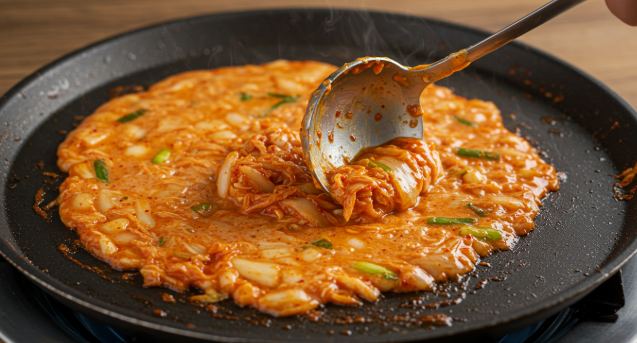 반죽을 한 국자 떠서 얇게 펼치고 있는 모습
