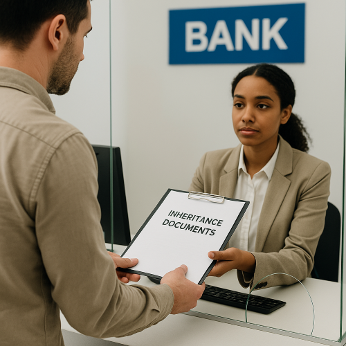 A man is submitting documents related to inheritance to the bank window.