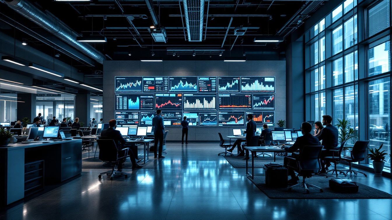 사무실에 사람들이 있고, 주식차트들이 여러개있다.