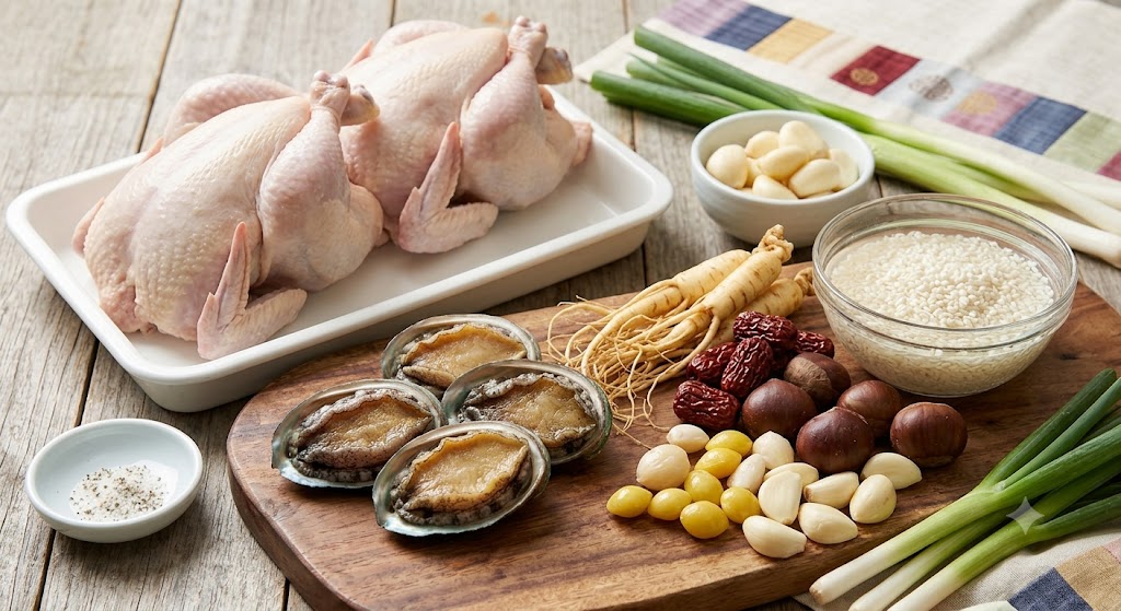 삼계탕을 만들기 위한 생닭, 신선한 활전복, 수삼, 대추, 밤, 찹쌀 등 정갈하게 준비된 재료들