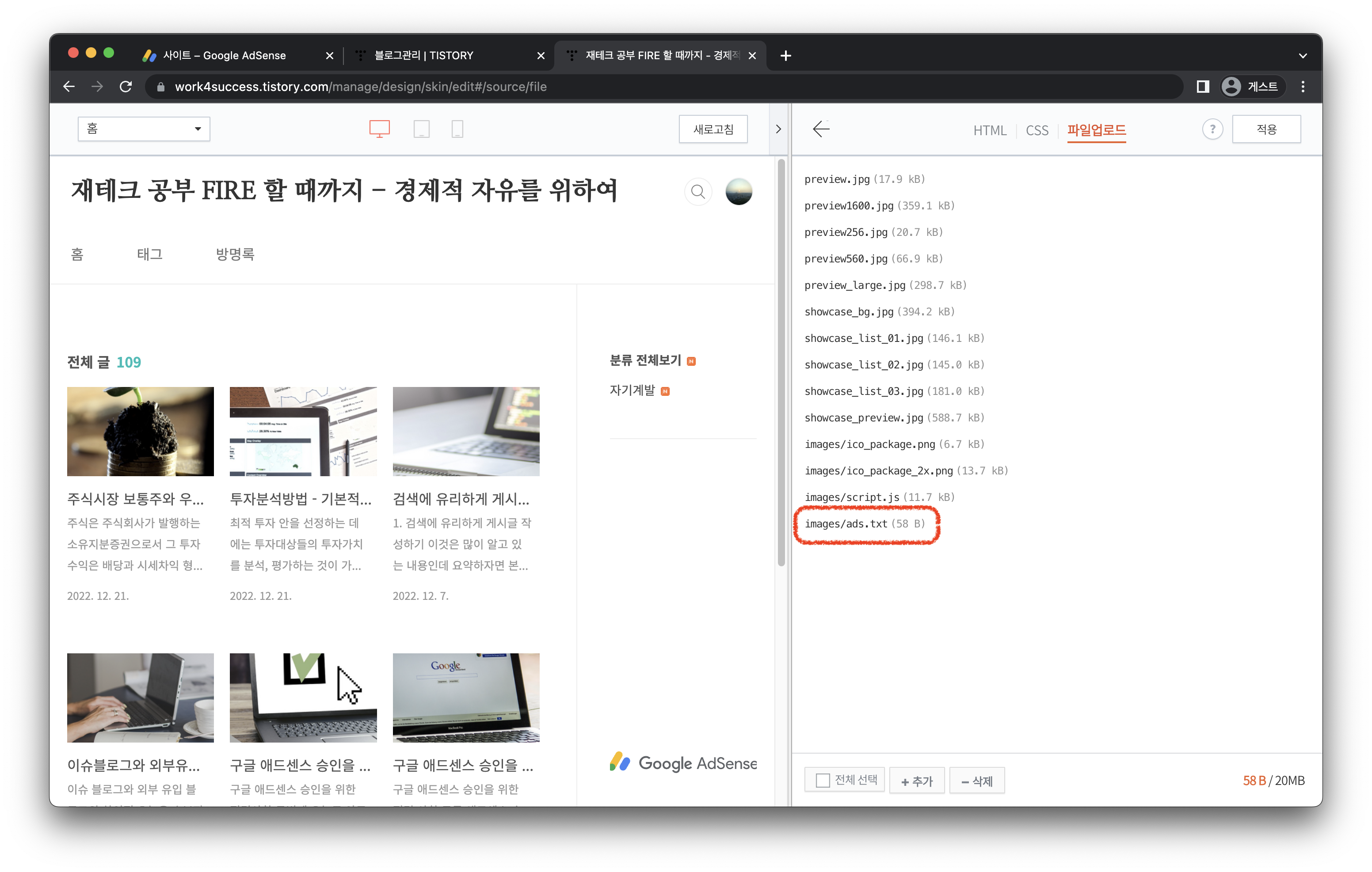 ads.txt 업로드 확인 화면
