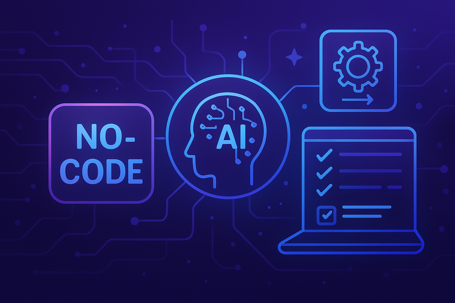 자율적 기술이 유기적으로 흐르는, 생산성과 창의가 맞닿은 미래형 개발 생태계의 시각적 표현