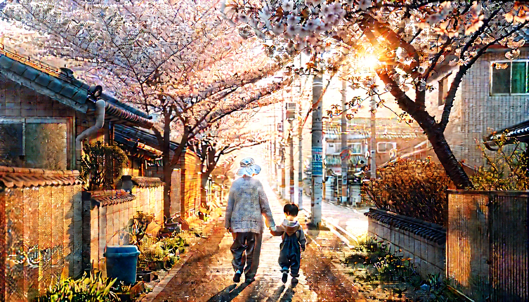 할머니 손잡고 동네한바퀴돌며 산책하는 아이