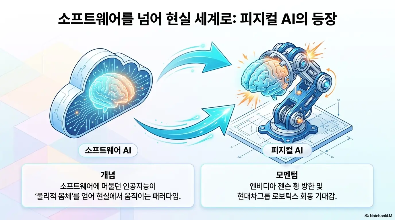 현대모비스 주가 전망: &amp;#39;소프트웨어를 넘어 현실 세계로&amp;#44; 피지컬 AI의 등장&amp;#39;이라는 문구가 포함된 인포그래픽 이미지. 이 이미지는 소프트웨어 AI가 물리적 몸체를 얻어 현실에서 움직이는 피지컬 AI 패러다임과 젠슨 황 방한 로보틱스 회동 기대감을 시각적으로 전달하며&amp;#44; 블로그의 현대모비스 주가 전망과 관련된 내용을 설명함