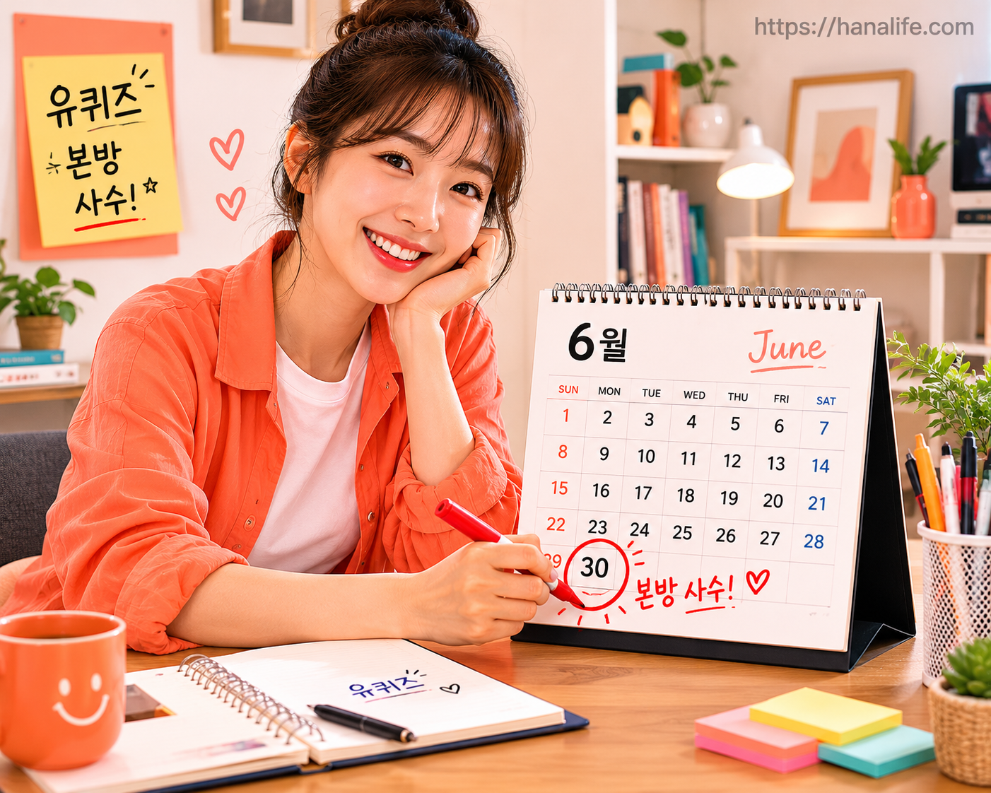 탁상달력 6월 페이지에 본방사수 체크가 되어 있는 감성적인 라이프스타일 사진
