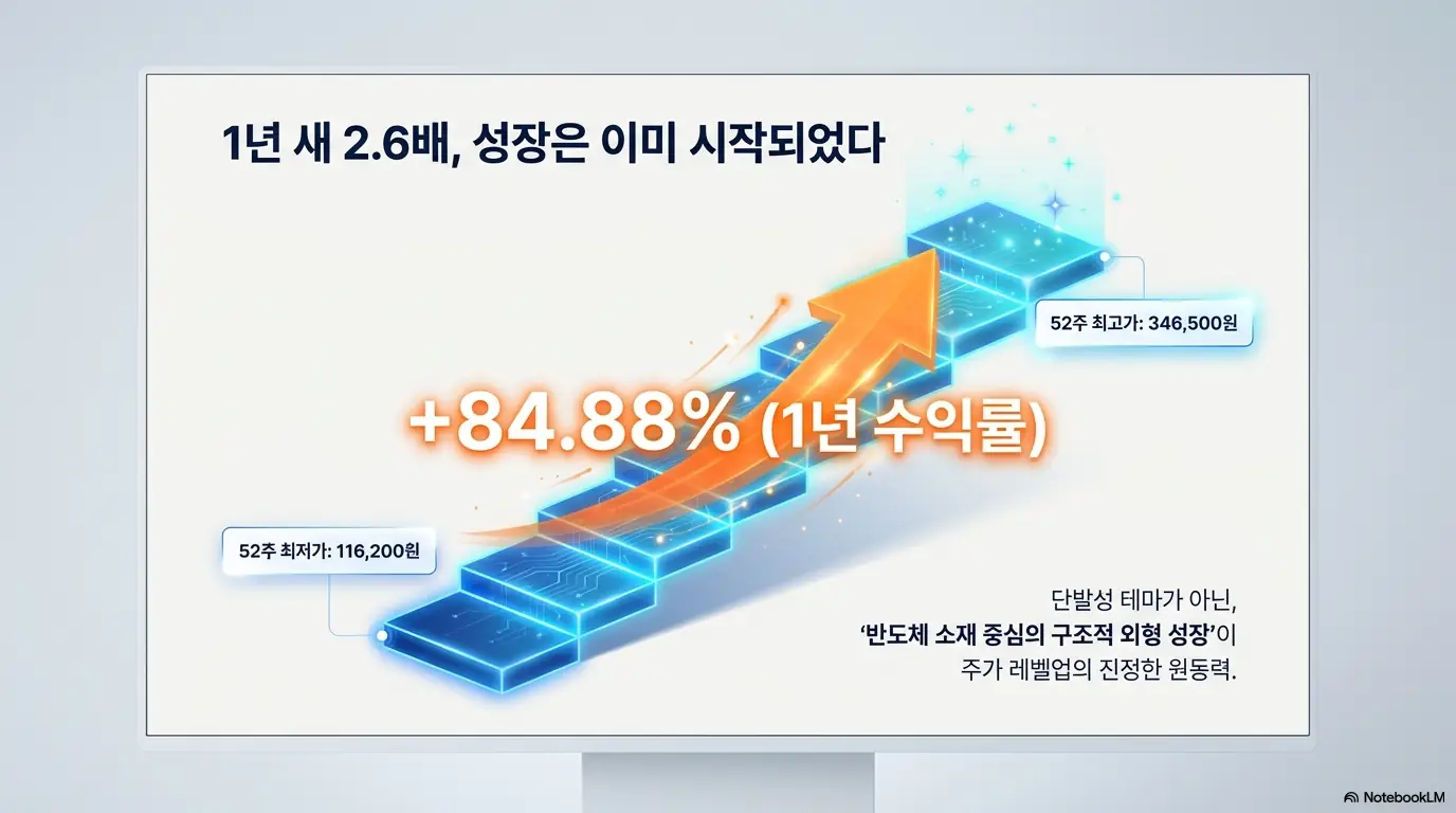 한솔케미칼 주가가 1년 새 저점 116,200원에서 고점 346,500원으로 약 2.6배, 수익률 +84.88% 상승한 흐름을 화살표 그래프로 보여주는 이미지. 단발성 테마가 아니라 반도체 소재 중심의 구조적 외형 성장이 주가 레벨업의 원동력임을 시각적으로 설명함.