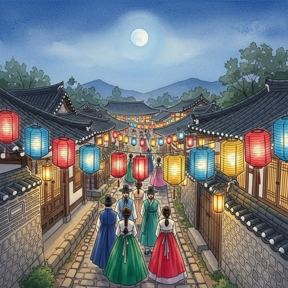 한복을 입고 축제를 즐기는 사람들의 즐거운 모습