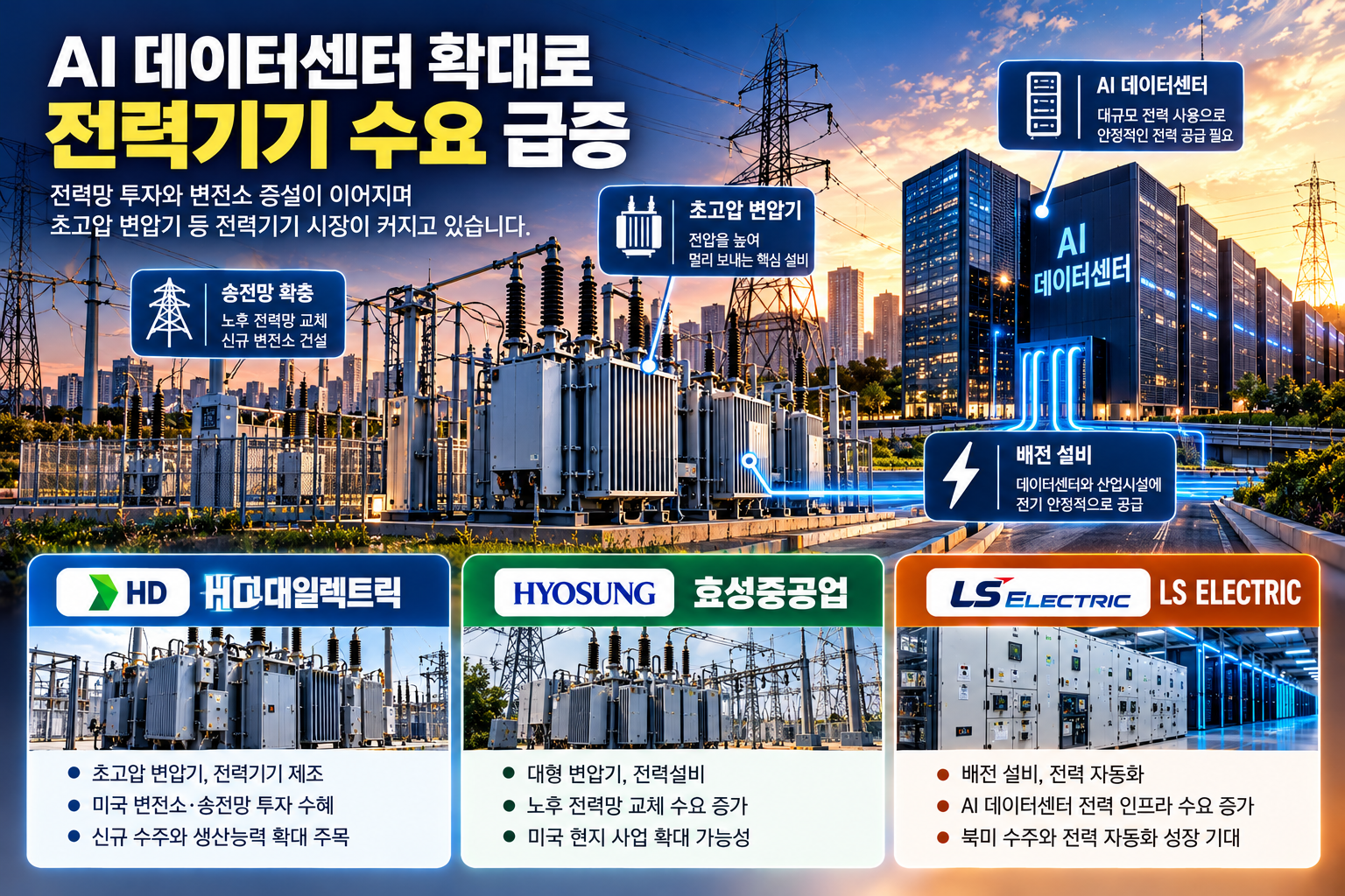 AI 데이터센터 전력 수요 증가에 따른 HD현대일렉트릭·효성중공업·LS ELECTRIC의 초고압 변압기와 전력설비 사업 비교