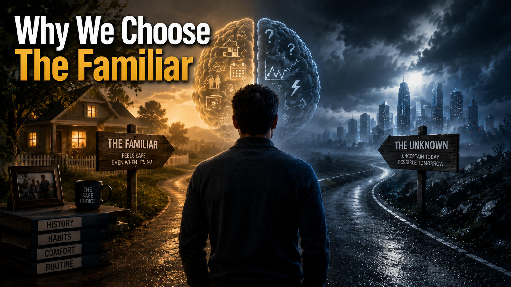 A conceptual illustration of the human tendency to choose familiar situations over uncertain opportunities due to Status Quo Bias.