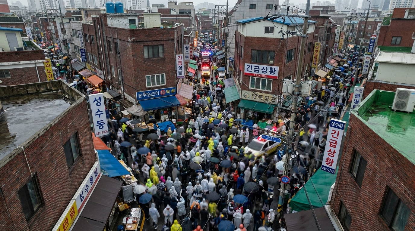 성수동 포켓몬 팝업스토어 주변 골목의 위험한 인파 밀집 현장 상황