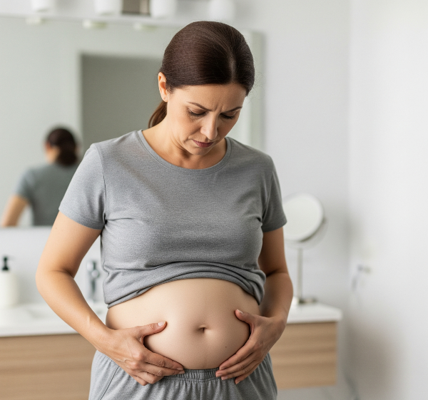 뱃살 때문에 고민하는 중년 여성의 모습