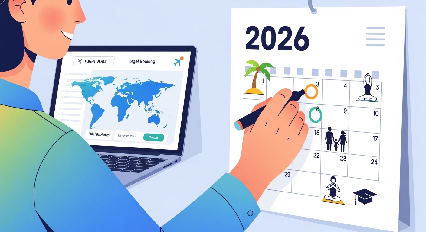 2026년 달력에 휴가, 가족 모임, 건강 관리 등 새해 계획을 표시하는 모습.