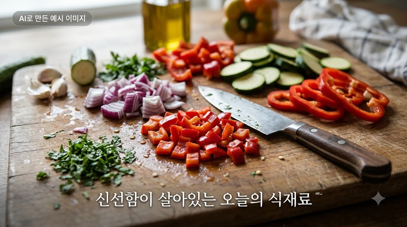 도마 위에 놓인 손질한 채소와 칼
