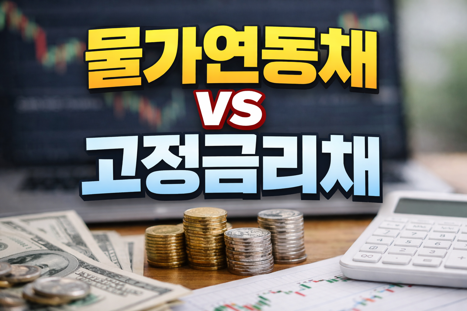 노트북 차트 배경 위에 동전과 계산기가 놓여 있고 중앙에 물가연동채 vs 고정금리채 문구가 크게 들어간 채권 비교 썸네일
