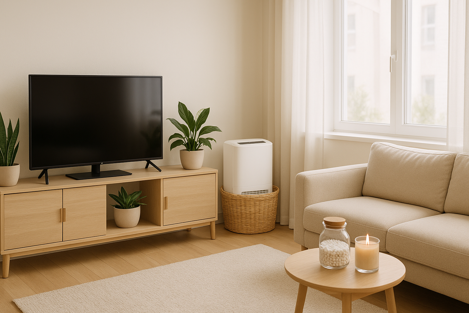 깔끔하고 모던한 거실 인테리어, 화이트와 베이지 톤의 따뜻한 분위기