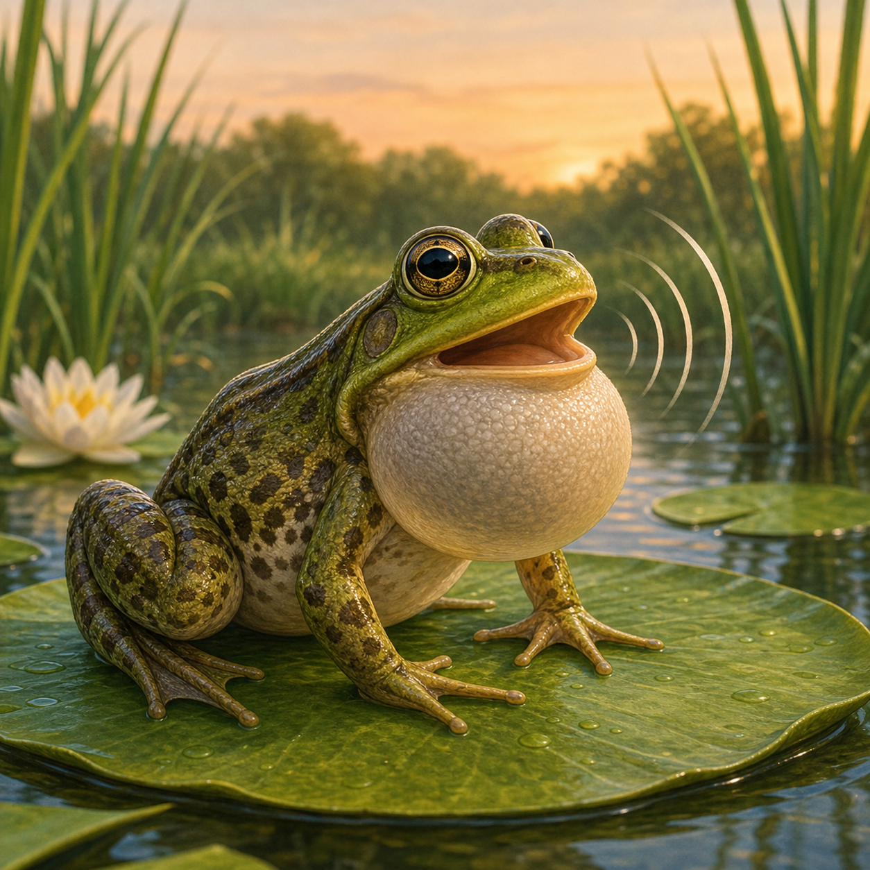 A frog croaking near a pond with a visible throat sac