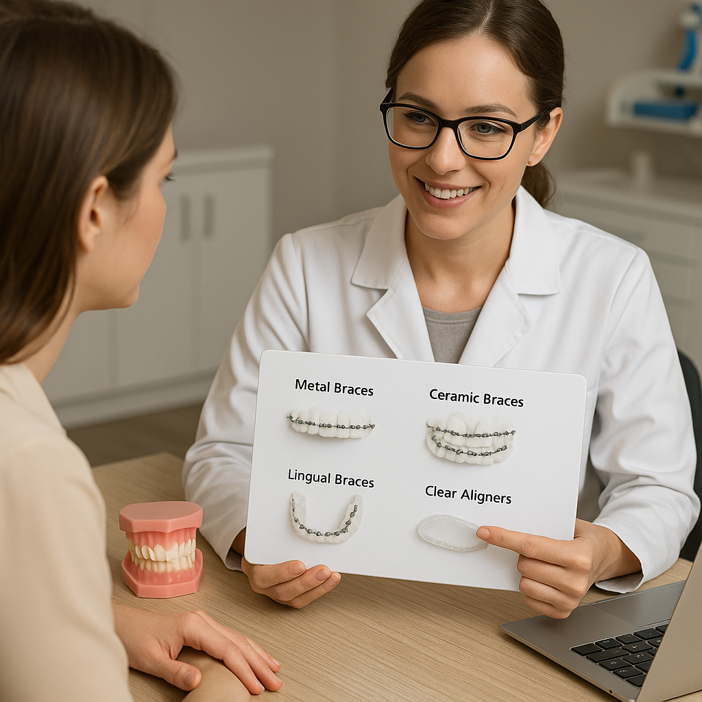 치아 교정 장치 종류를 설명하는 의사와 설명 듣는 여성
