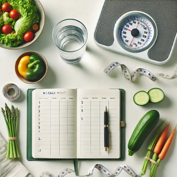 식단 계획표, 디지털 저울, 채소와 물이 정돈된 스튜디오 컷