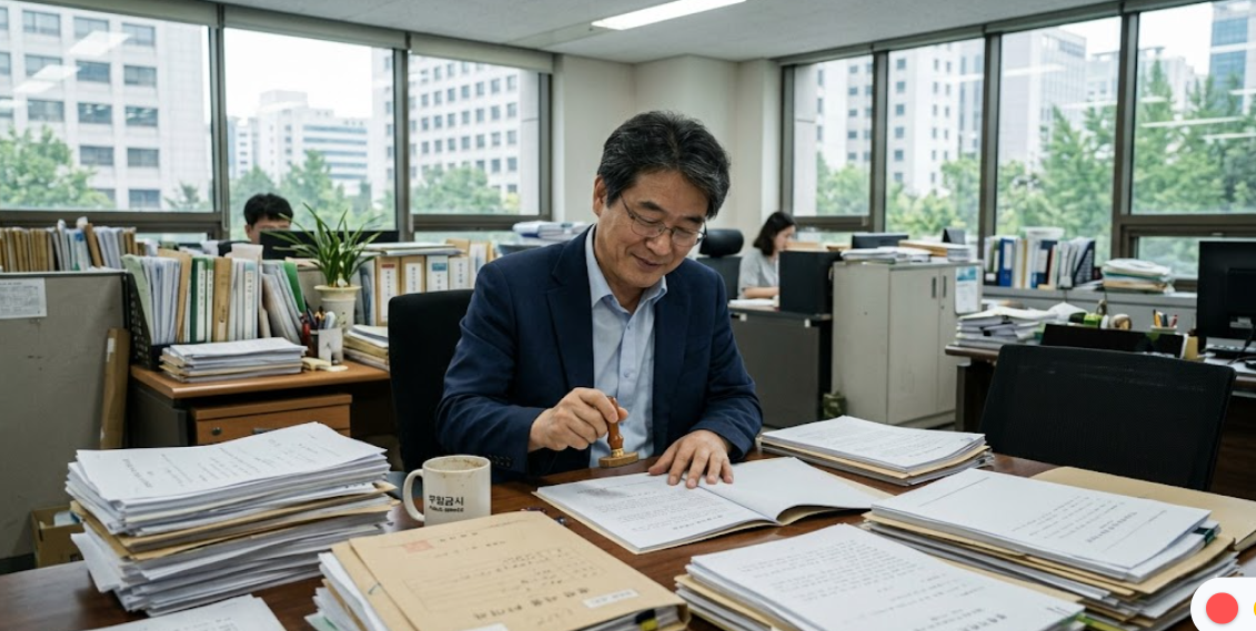 산더미처럼 쌓인 서류들 사이에서 고심하다가 '이 정도면 괜찮네' 하며 서류에 도장을 찍는 공무원의 모습