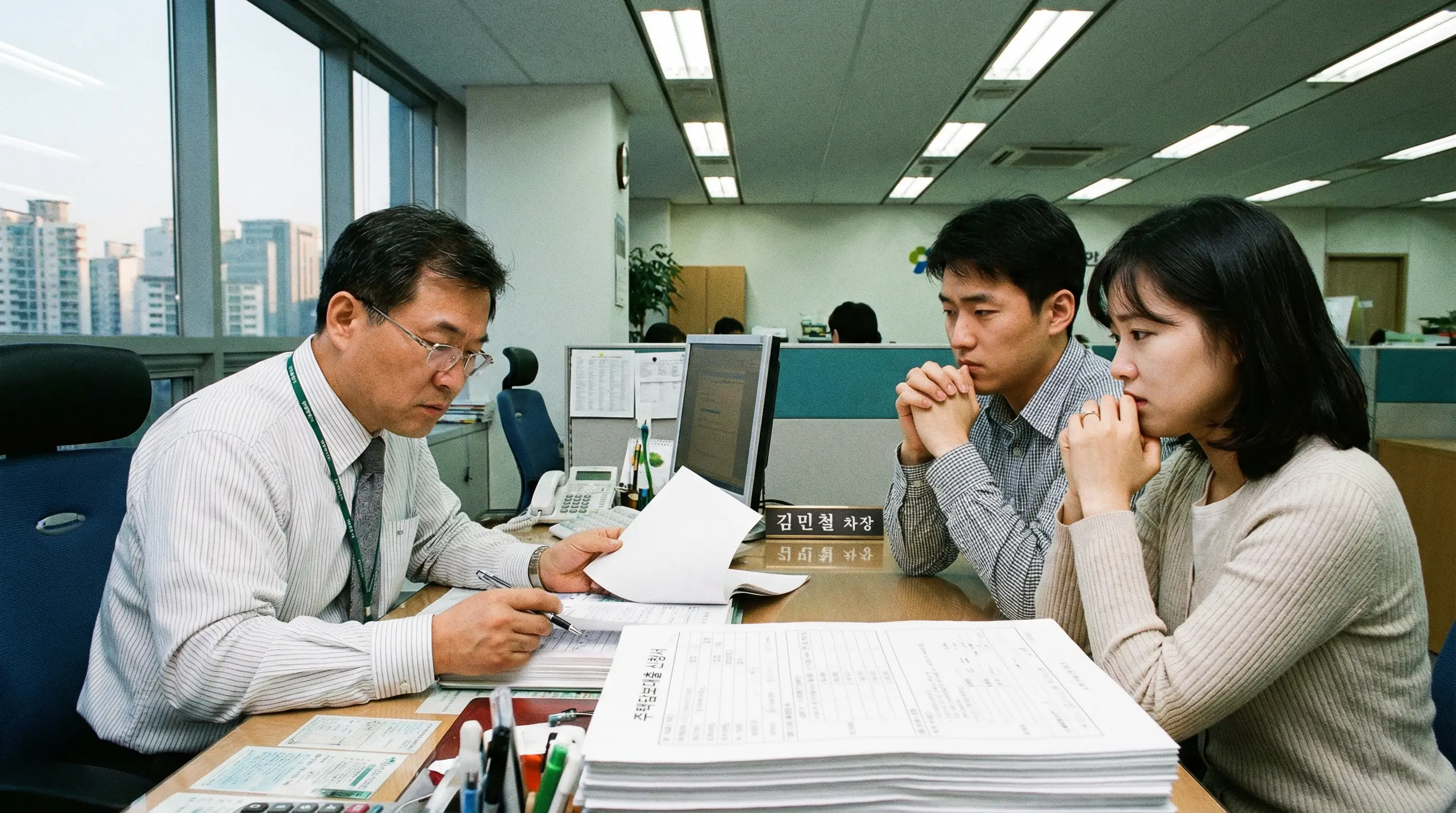 대출 심사 서류를 검토하는 은행원과 승인을 기다리는 신청자의 긴장된 모습