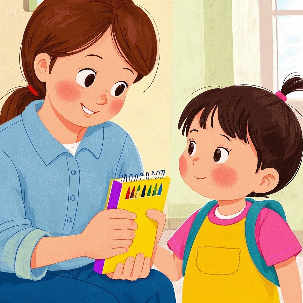 부모가 아이에게 일기장과 크레용을 건네는 따뜻한 장면