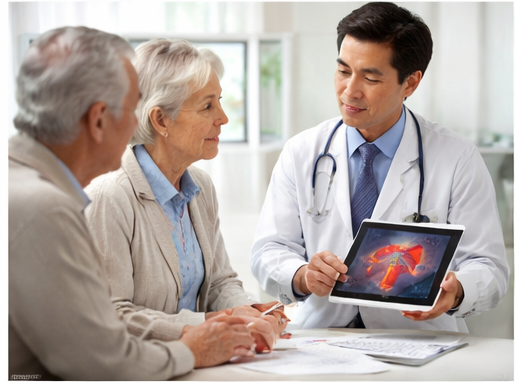 혈액순환이 제대로 안되어 손,발이 저리고, 소화불량으로 고생하다가 병원에서 혈관 질환에 대해 설명 듣는 시니어
이미지 출처: Gemini AI 생성