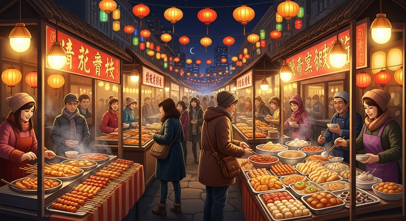 아시아 도시의 활기 넘치는 야시장 풍경. 따뜻한 조명 아래 현지 음식을 즐기는 사람들.