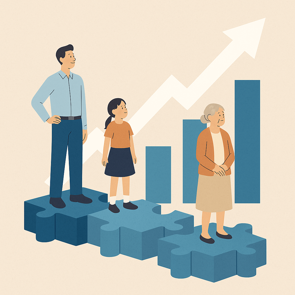 퍼즐 조각 위 세대별 인물과 상승 화살표, 배경의 바 차트로 1차와 2차의 변화와 혜택 확장을 시각적으로 표현한 이미지