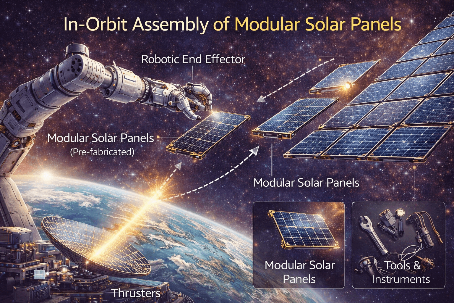 궤도 상에서 로봇이 모듈형 태양광 패널을 조립하는 개념도