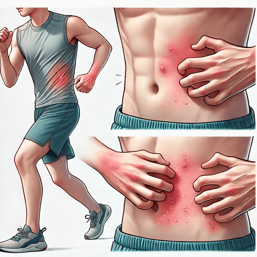 운동하다 갑자기 피부에 붉은 반점이 생기고 가려워 긁는 이미지