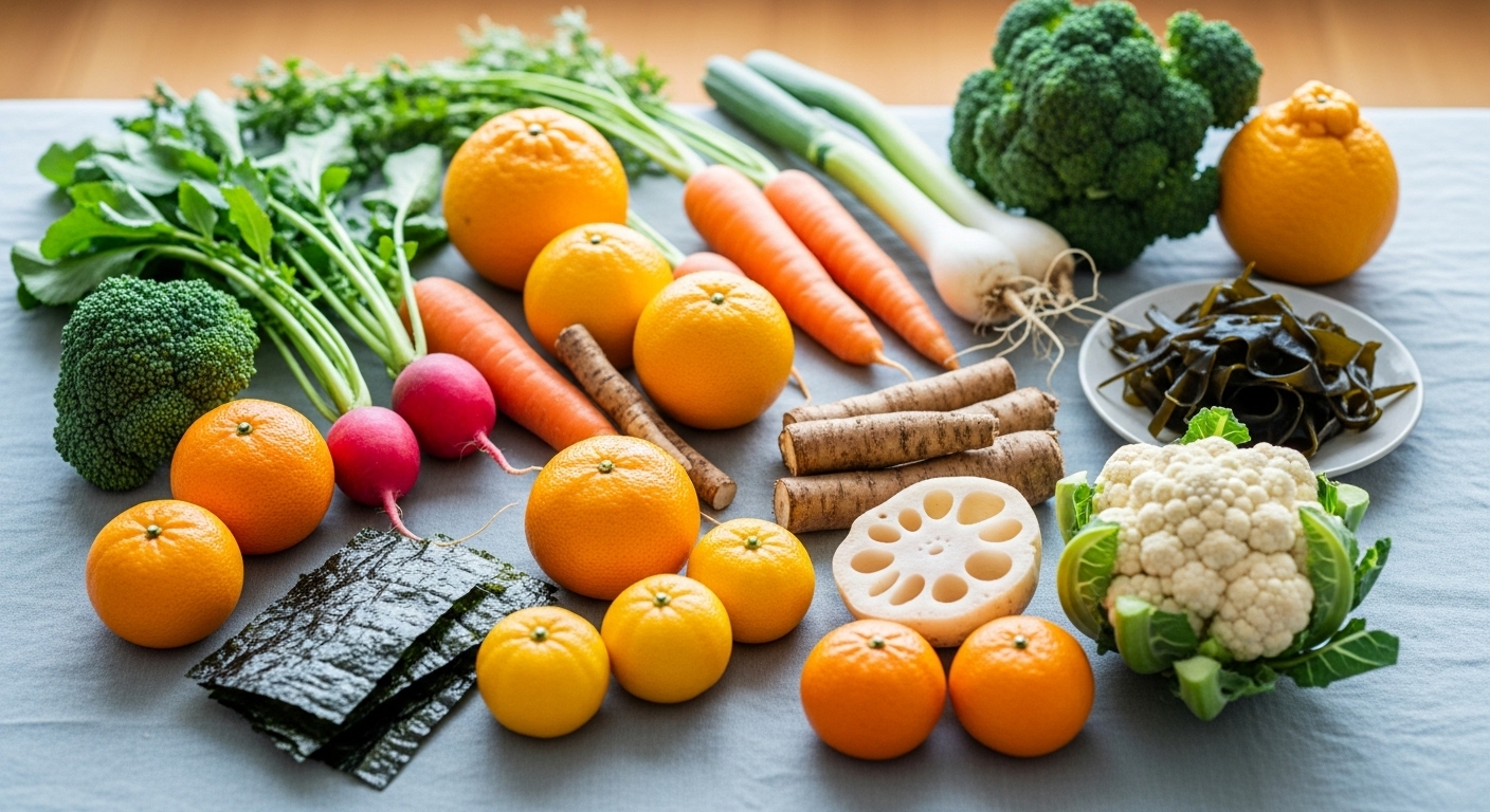 귤, 당근, 브로콜리, 다시마 등 겨울 제철 비타민이 풍부한 신선한 음식들이 따뜻하고 자연스러운 빛 아래 놓여 있는 모습