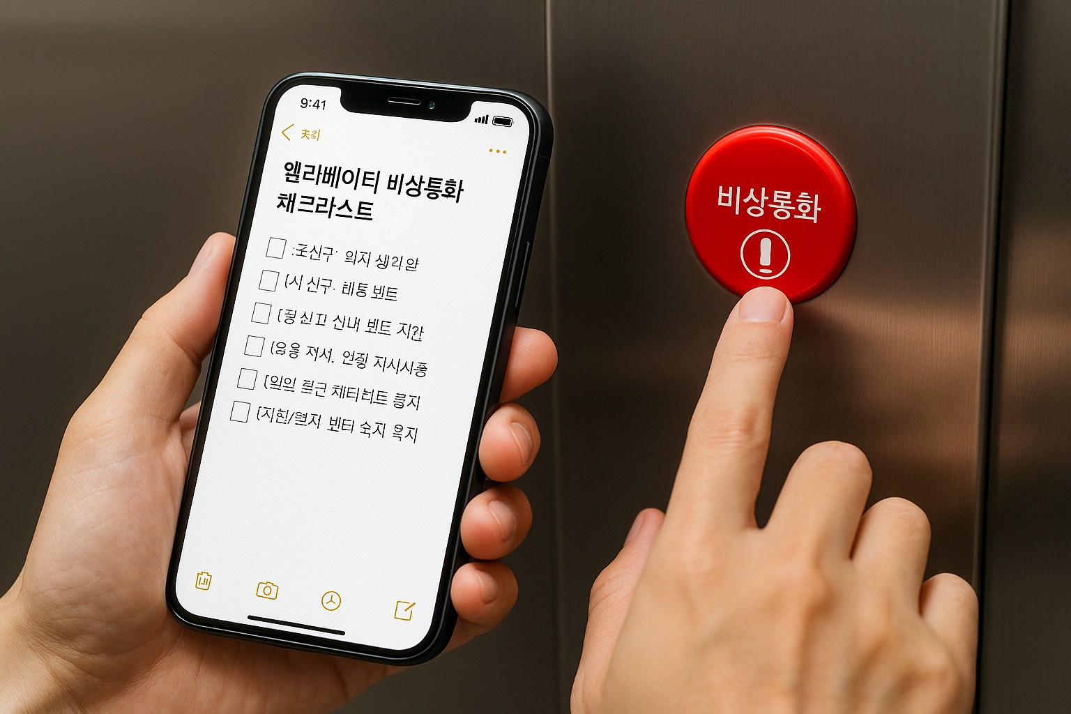 엘리베이터 비상통화 버튼과 층수 버튼이 보이는 패널 근접 실사
