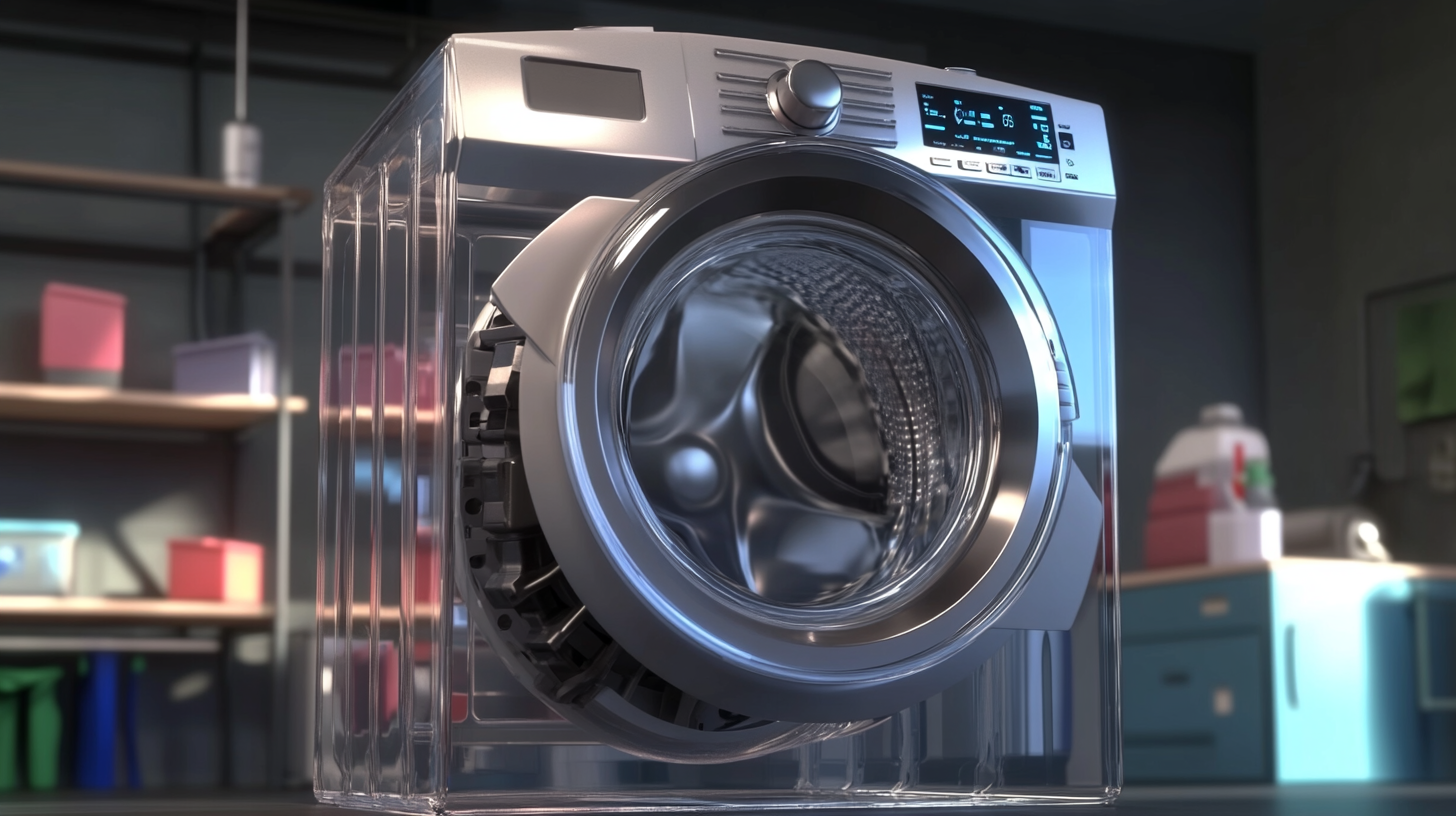 투명한 세탁기 위에 놓인 미래지향적 디지털 인버터 모터, 개념적인 스타일로 에너지 효율과 소음 감소를 시연하는 모습