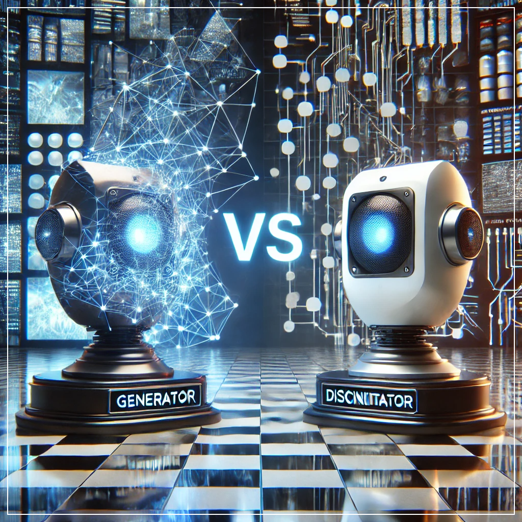 생성자와 판별자가 경쟁하면서 데이터를 생성하는 과정을 나타내는 미래 지향적 이미지