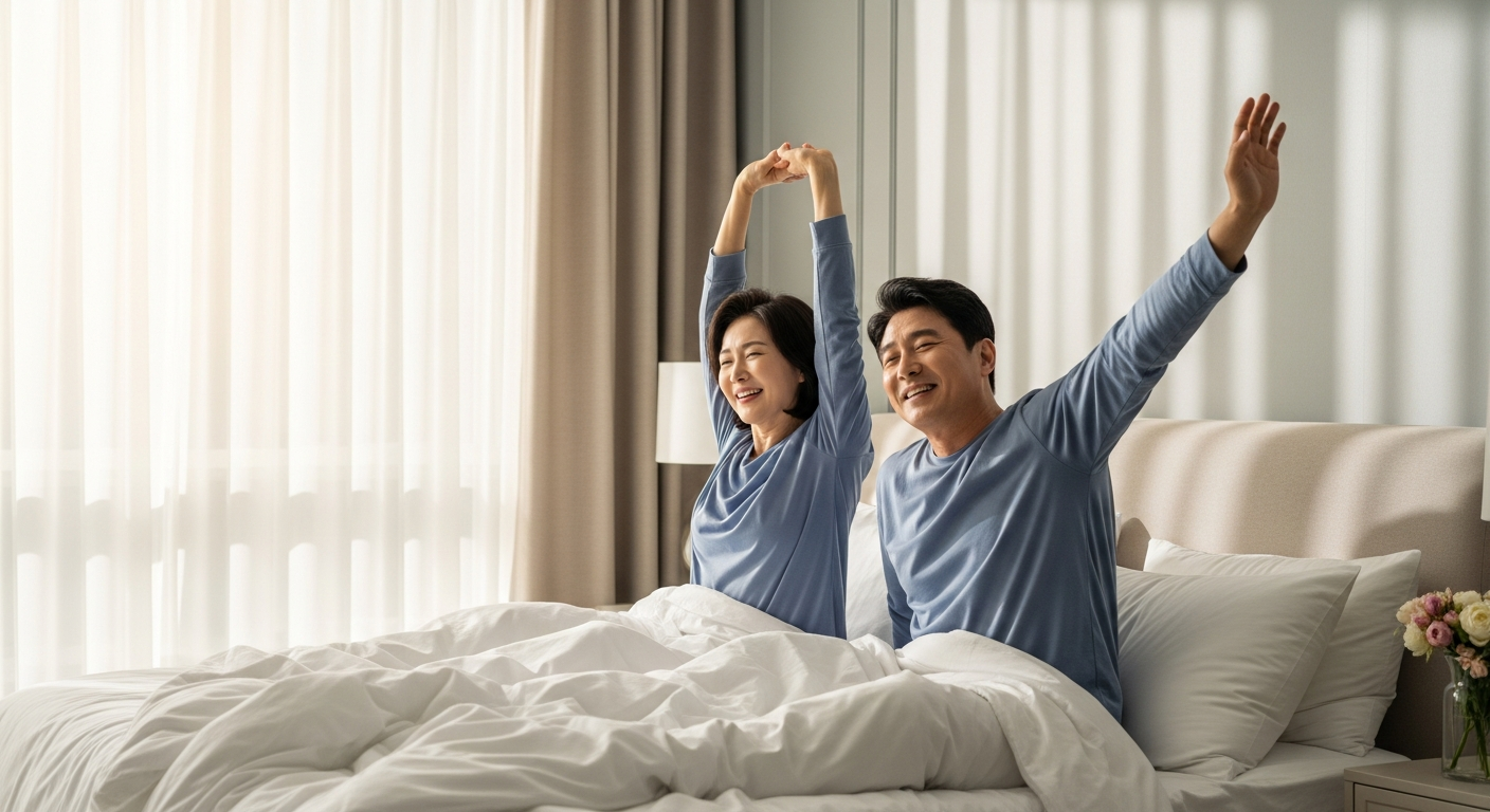 아로마 테라피로 숙면을 취한 후 개운하게 일어나는 액티브 시니어의 아침 모습