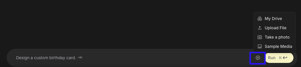 Google AI Studio chat에서 멀티모달 입력 하기위해 프롬프트 입력창 옆 플러스버튼 눌러서 활성화 한 모습