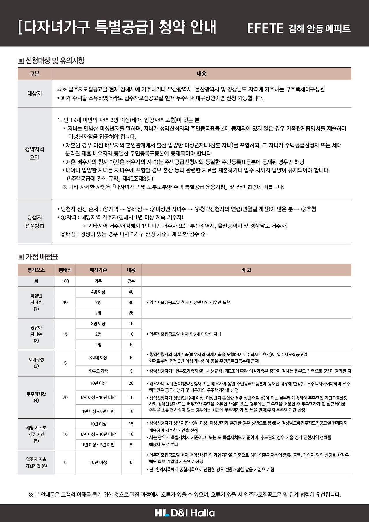 김해 안동 에피트 아파트 청약안내문 - 다자녀