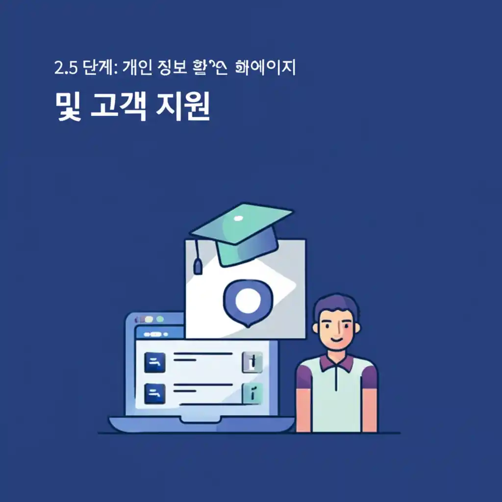 한국소방안전원 홈페이지 2.5단계, 개인 정보 확인 및 고객 지원 메뉴를 보여주는 화면.