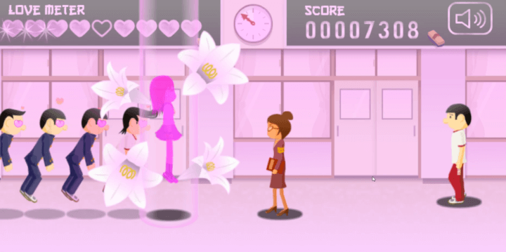 눈빛보내기-게임하기-플러팅-온-스쿨-플레이-하트를-모두-모아서-주인공의-뷰티-모드가-활성화된-화면