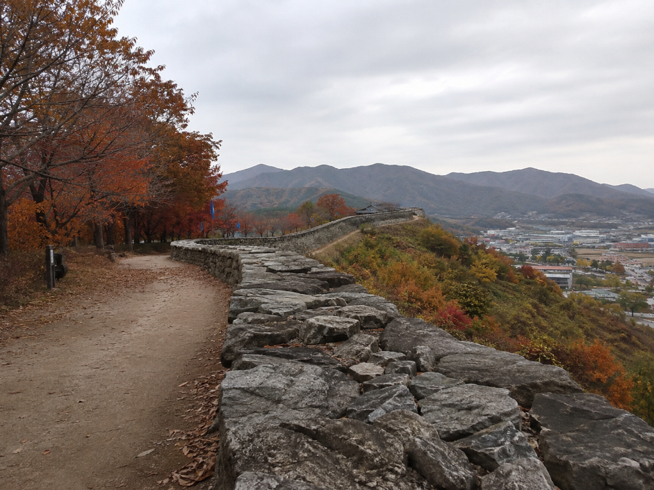 충북 보은 삼년산성 신라 시대 석축 성벽과 단풍 풍경