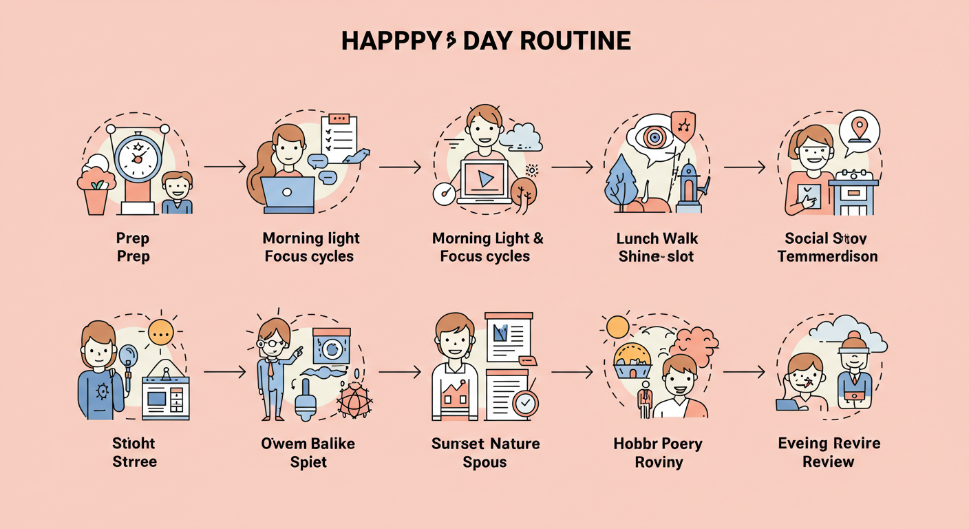 전날 준비&rarr;아침 햇빛&middot;스트레칭&rarr;오전 집중&rarr;점심 걷기&rarr;오후 미팅 최적화&rarr;해질녘 자연노출&rarr;저녁 취미&rarr;밤 회고로 이어지는 행복 루틴 자동화 다이어그램