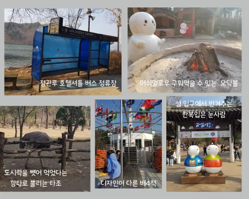남이섬 배안과 입구와 정관루 호텔셔틀버스 정류장과 타조와 모닥불