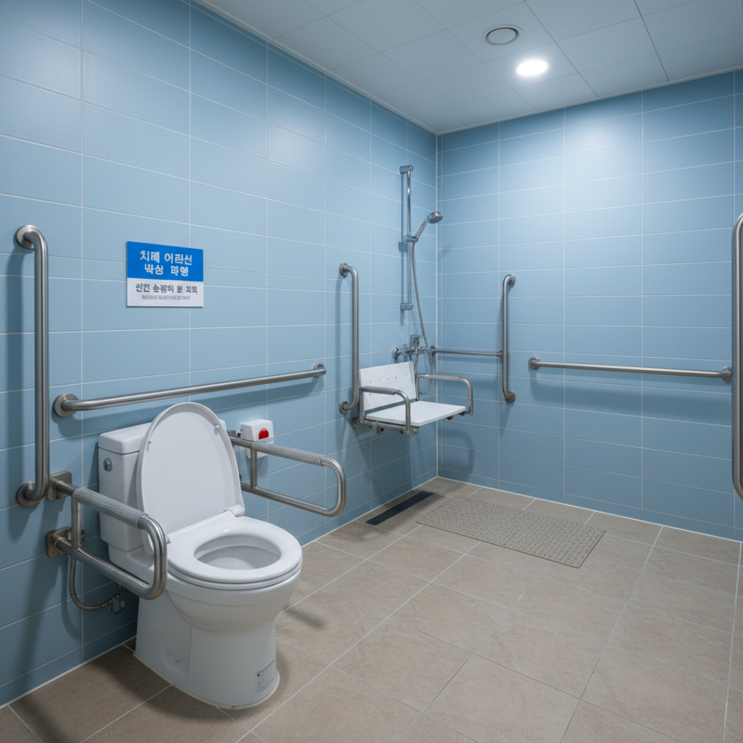 낙상 예방을 위해 욕실에 안전 손잡이가 설치된 모습
