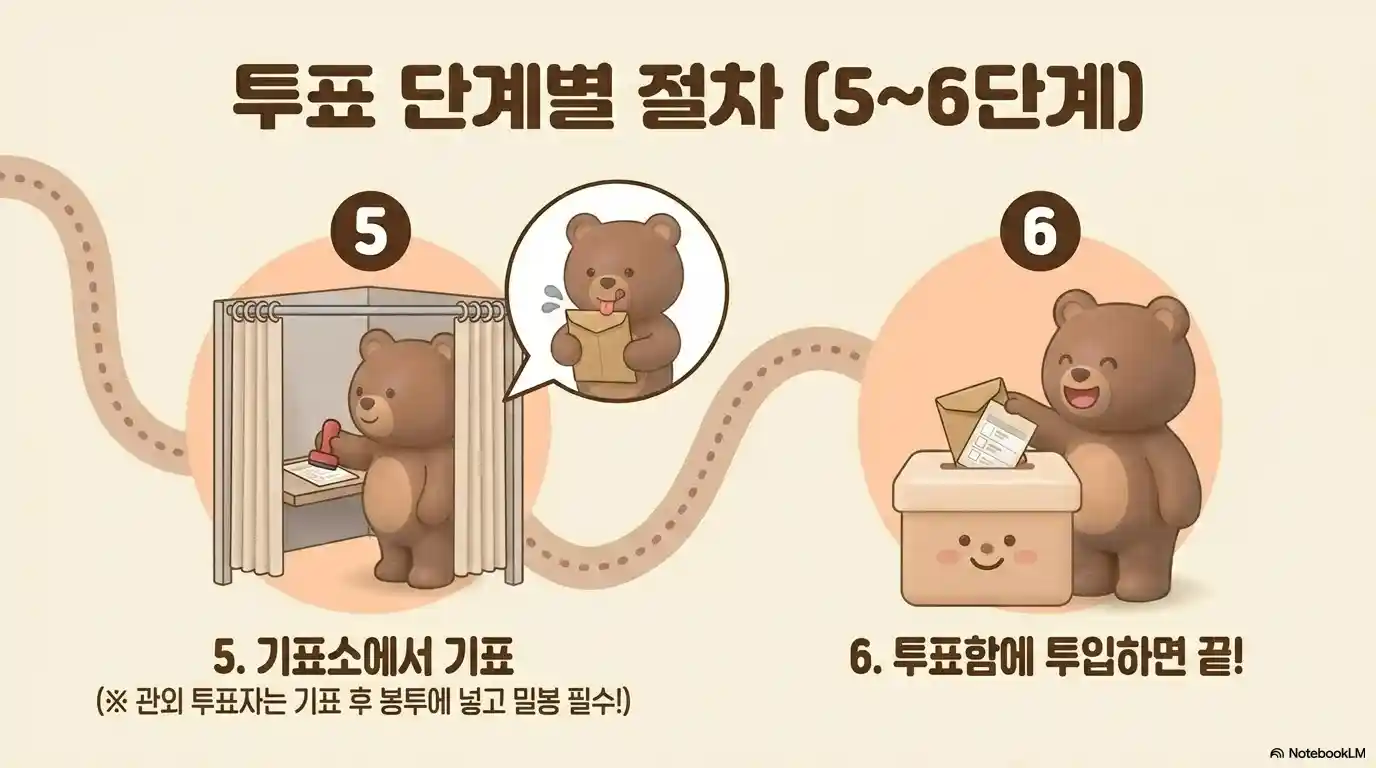 사전투표 5~6단계 기표소 기표 후 투표함 투입 절차 - 관외 투표자 봉투 밀봉 필수 완료